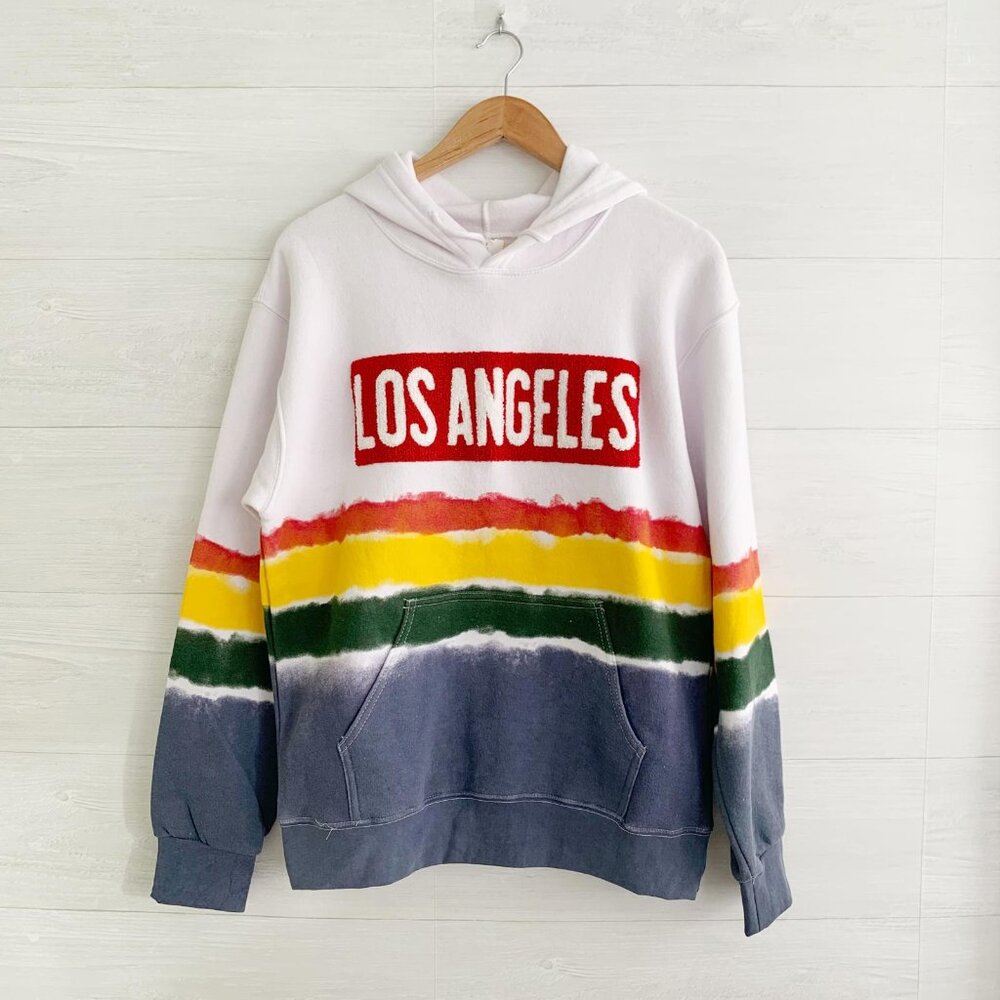 NWT NICE Los Angeles - Fuzzy looped patch painted striped white hoodie, S